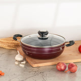 Sumeet Elegantia Induction Base Non Stick Aluminium Deep Kadai with Glass Lid 21.5cm / 1800ml Capacity | Gas and Induction Frien
