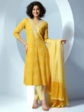 Libas Womens Printed Cotton Straight Kurta With Trousers And Dupatta Mustard M