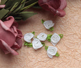Ruwado 50 Pcs Satin Roses with Green Leaves Mini Cute Ribbon Bows Fabric Artificial Flower Supplies Ornament Applique for DIY Cr