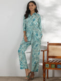 Libas Womens Printed Silk Blend Co-Ord Set For Women Blue M 48996
