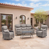 Swivel Patio Chairs sofa Set of 5 with 6 Thick Cushion - Wicker Outdoor Swivel Rocker Patio Chair ,Sofa/Glass coffee table, High