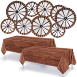 Outus Western Cowboy Party Decorations 9 Pcs Wagon Wheel Decorations Paper Fans and 2 Pcs Brown Wood Grain Tablecloths Country W
