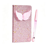 JESANWOO 3D Raised Angel Wing Journal for Girls A6 Glitter Notebook Set with Silicone Cover, 160 Lined Pages & Matching Bling