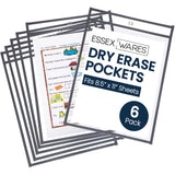 Essex Wares - 6 Pack, Dark Gray, Water-Resistant Dry Erase Pocket Document Protectors, 10 Wide x 13.5 Tall - Dry Erase Clear Pla
