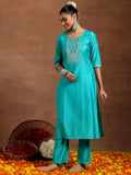 Libas Gerua Womens Embroidered Silk Blend Straight Kurta With Trousers And Dupatta Blue Xs Gs945