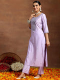 Libas Gerua Womens Embroidered Silk Blend Straight Kurta With Trousers And Dupatta Lavender 2Xl