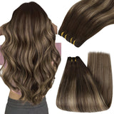 YoungSee Sew in Hair Extensions Brown Balayage Weft Human Hair Extensions Dark Brown Fading to Caramel Blonde Mix Brown Balayage