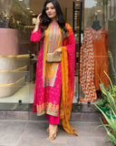 Anni Designer Women'S Rayon Blend Printed Straight Kurta With Pant & Dupatta (Shubhangi Rani_L_Pink_Large),Pink,L,Rayon Blend,Regular,