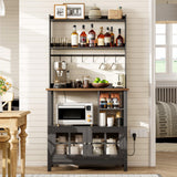 ChooChoo Farmhouse Coffee Bar Cabinet with Storage, Bakers Rack with Power Outlets, Microwave Stand Kitchen Cabinet with Hutch a