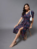 Miss Chase Women'S Teal V-Neck Puff Sleeve Floral Wrap Midi Dress (Mcaw21D14-84-232-04,Multicolored Base-Teal,M)