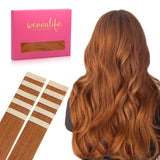 WENNALIFE Tape in Hair Extensions Human Hair Dirty Ginger Tape in Extensions, 10pcs 25g 14 inch Remy Invisible Tape Ins Straight