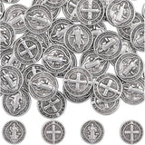 SUNNYCLUE 1 Box 60Pcs Metal Cross Beads Rosary Beads Tibetan Style Alloy Flat Round Mini Crosses Antique Silver Crucifix Spacers