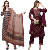 Anni Designer Women'S Cotton Blend Printed Straight Kurta With Pant & Dupatta Pack Of 2 (Combo-Nayantara Black-Coco-Wine_Multicolor_Large),Multicolour,L