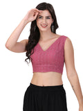 OOMPH! Women's Indian Ethnic Wear Designer Square Leaf Pattern V Neck Sleeveless Cotton Rose Pink Blouse for Saree or Lehnga and