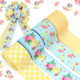 LaRibbons Floral Ribbon Wired 4 Rolls 2.5 Inch x 24 Yards TTL, Blue and Yellow Rain Boots Spring Ribbon with Plaid and Polka Dot