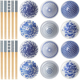 Ferrochef Chopstick & Dish Set, 10 Pairs 8.8 Inch Natural Bamboo Chopsticks and 12 Pcs 3.2 Inch Indigo Ceramic Dipping Bowls, Re
