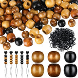 Dingion 1055 Pieces Wooden Hair Beads Set - 600 Barrel Wood Beads (9x10mm, 11x12mm, Black, Coffee, Light Coffee) & 450 Black Ela