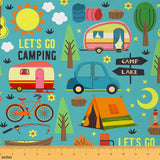 Camping Theme Trailer Fabric for Kids Adults Chairs DIY,Camp Car Bike Pattern Outdoor Fabric by The Yard,Nature Trees Botanical