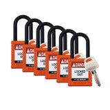 Brady Safety Lockout Padlock Sets - 6 Pack - Orange - Keyed Alike Safety Lockout Padlocks - 1 Key Per Lock - SDPL-ORG-38PL-KA6