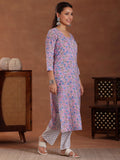 Libas Womens Printed Cotton Straight Kurta With Trousers And Dupatta Purple Xl 36909