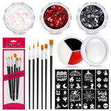 18 Pcs Halloween Face Paint Kit 3 Colors Red White Black Face Paint Kit with Glitter Stencil Makeup Brush for Halloween Cosplay