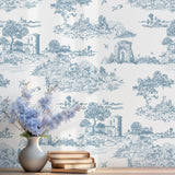 WENMER Toile Peel and Stick Wallpaper 17.7 X 394 Blue and White Vintage French Wallpaper for Bedroom Living Room, Removable Blue