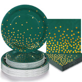 Boocikey 150 PCS Green and Gold Party Decorations,Green Plates and Napkins Party Supplies for 50 Guests,Golden Dot Paper Plates