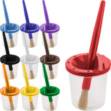 U.S. Art Supply 10 Piece Childrens No Spill Paint Cups with Colored Lids and 10 Piece Large Round Brush Set with Plastic Handle