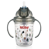 Nuby Tritan No Spill Flip N Sip Twin Handle Printed Cup with 360 Weighted Straw (Gray, Tie Rain)