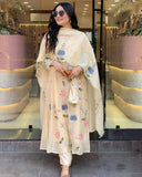 Gosriki Women'S Chanderi Anarkali Printed Kurta With Pant & Dupatta (Shastra Cram-Gs_M_Cream_Medium),Cream,,B0F38JH22K