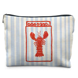 Likjad Crawfish Beach Makeup Bag, Blue Striped Coastal Cosmetic Bags for Women, Coastal Lobster Summer Makeup Pouch, Ocean Theme
