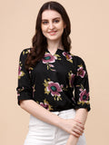 Wedani Women'S Casual Puff Sleeves V Neck Foral Top (Large Black),Black,L,Polyester,Western,