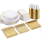 SUT 175 PCS Heavy Duty Disposable Plates for 25 Guests - Gold Plastic Party Plates and Cups and Napkins Sets