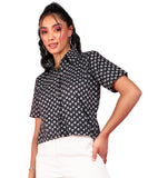 POPWINGS Womens Ethnic Print Cotton Half Sleeve Western Elegant Shirts, black, S