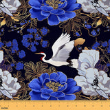 Blue Flowers Fabric by The Yard Japanese Style Gradient Blooming Floral Fabric for Craft Art Lovers Wild Crane Golden Sketch Pla