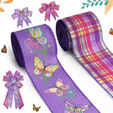 ALIBBON 2 Rolls 2.5 5 Yd Butterfly Ribbon - Purple Buffalo Plaid Wired Spring Flower Burlap Ribbon for DIY Crafts Bows Making Gi