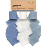 Dusty Blue Chiffon Ribbon 1.5'' x 3 Rolls Total 21 Yards Blue/Off White Handmade Fringe Chiffon Silk Ribbon for Gift Wrapping We
