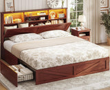AOGLLATI Farmhouse King Bed Frame Bed Frame with 4 Storage Drawers and Led Lights, Wooden King Bed with Hidden Space Bookcase He