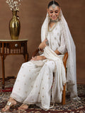 Libas Womens Embroidered Georgette Straight Kurta With Palazzos And Dupatta White 2Xl