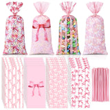Yexiya 100 Pack Pink Bow Cellophane Bags Coquette Party Favor Bags Candy Treat Bags with 150 Twist Ties for Pink Wedding Birthda