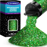 LEOBRO Green Glitter, 160g/5.64oz Holographic Chunky Glitter for Crafts, Resin, Nail Body, Tumblers, Party Decorations