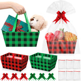 Funnymoom 6 Pack Christmas Basket for Gifts Empty with Cellophane Bag Pull Bows Christmas Grid Basket Red Green Grid Gift Box fo