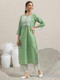 Libas Womens Printed Cotton Straight Kurta With Trousers And Dupatta Green S 99038O