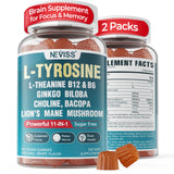 Sugar Free L-Tyrosine Focus Gummies L-Theanine Vitamin B12 & B6, Brain Herbs w/Lion's Mane Mushroom, Ginkgo Biloba, Bacopa Monni