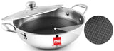 PNB Kitchenmate TriPly Stainless Steel Hybrid NonStick Karahi with Glass Lid | Heavy Bottom Kadhai for Cooking, Metal Spoon Fr