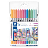 STAEDTLER 3200 3200 C12PA Double Fibre Tip Pens Pastel Two Tips for Narrow and Wide Lines, Case with 12 Double Fibre Tip Pens in