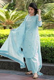 Anni Designer Women'S Rayon Blend Hand Block Printed Straight Kurta With Pant & Dupatta (Ragsri Ice Blue-Vks02_Xl_Sky Blue_X-Large),Sky Blue,XL,,,