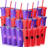 Qinyoung 24 Sets 24 oz Spider Cups Spider Birthday Party Supplies Reusable Red Purple Web Themed Plastic Cups with Lid and Straw