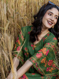Libas Women Chiffon Green Floral Printed Kaftan Kurta Set With Inner And Solid Trouser, Large