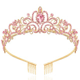 TAROSE Gold and Pink Crowns for Women and Girls, Queen Crystal Tiaras with Pink Rhinestone and Combs, Goddess Crown for Wedding